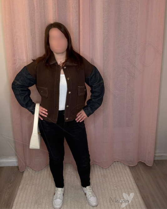 Veste courte bi-matière jean et polaire (marron)