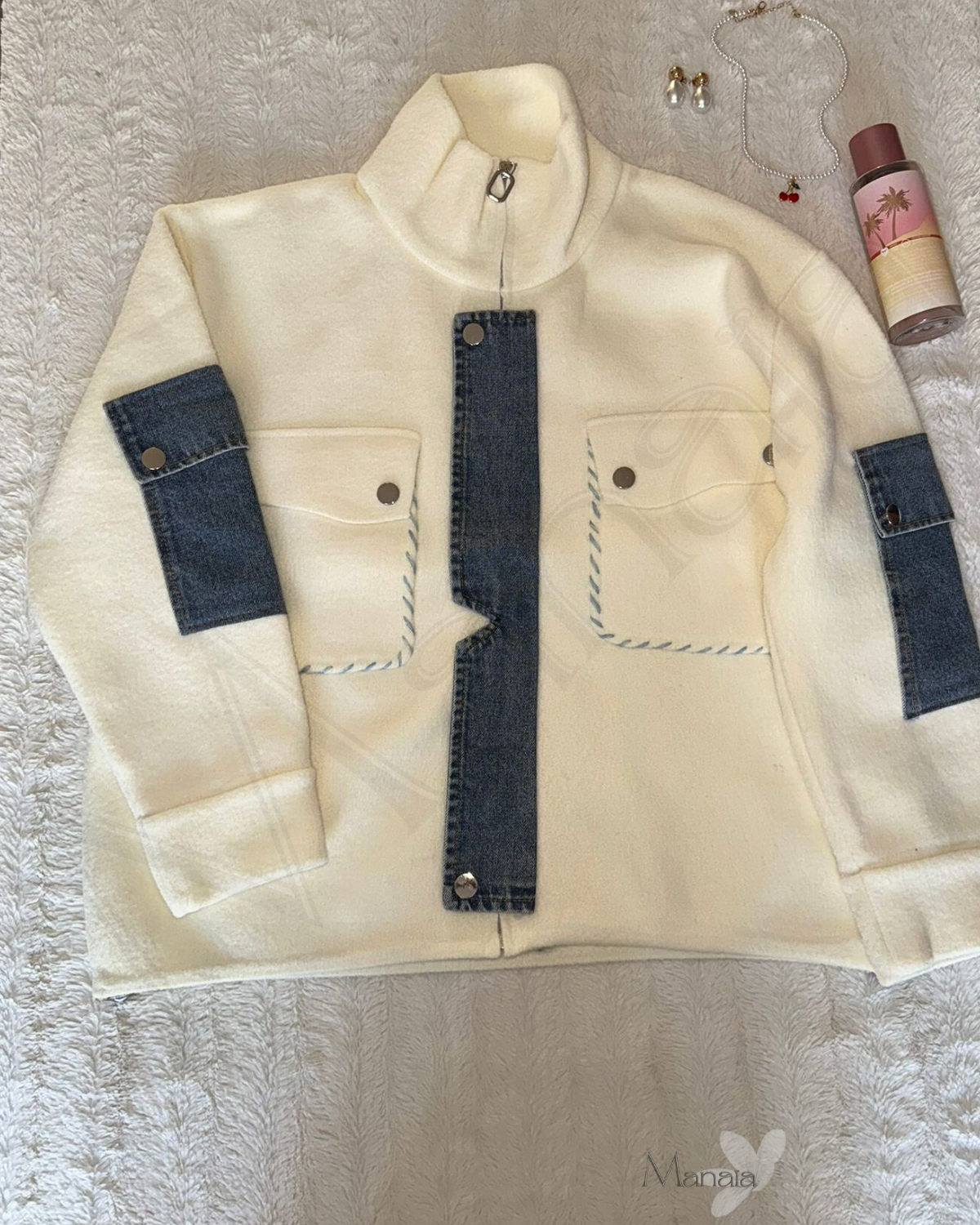 veste bi-matière polaire et jean ( blanc )